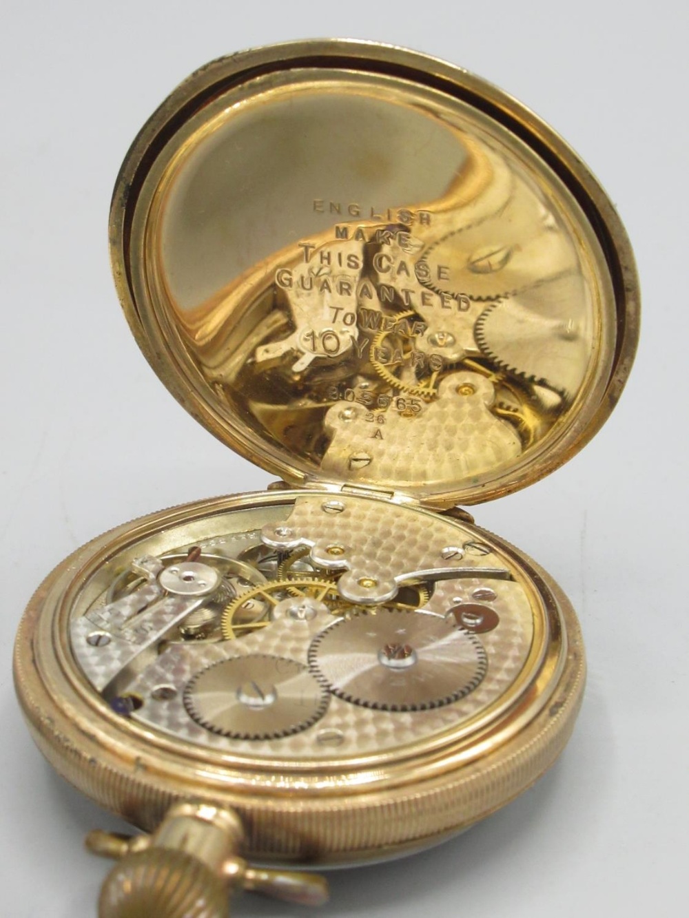 Swiss - rolled gold keyless open faced pocket watch, white enamel Roman dial with subsidiary - Image 6 of 6
