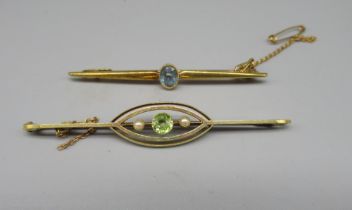 15ct yellow gold bar brooch set with oval Swiss topaz, and another 15ct bar brooch set with