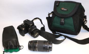 Canon EOS 350D camera body, Canon EF 75-300mm f/4-5.6 III USM zoom lens, Canon EFS 18-55mm lens, and