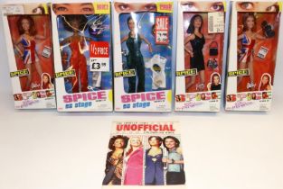 Five Spice Girls dolls, comprising three 'Girl Power' dolls, and two 'On Stage' dolls, and a Spice