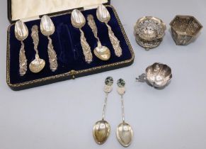 Group of C20th Chinese white metal items: six teaspoons with dragon handles; two teaspoons with jade