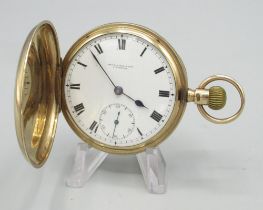 Thomas Russell & Son, Liverpool - presentation gold hunter keyless pocket watch, signed white enamel
