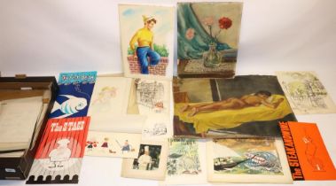 Collection of unframed mid C20th original artwork, predominantly watercolours, and three mid C20th