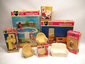 Sindy boxed swimming pool and other boxed vintage Sindy furniture including bathroom, hairdryer etc.