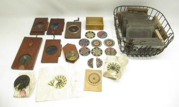 C19th mechanical magic lantern slides inc. Chromostrope, Kaleidoscopes, spare glass panels, etc. and