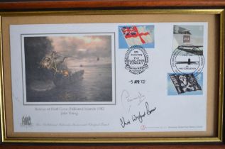Four framed commemorative covers to include The Dambusters, Neville Duke (with CoA), The Falklands