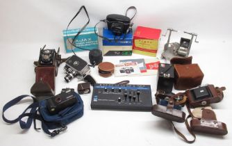 Collection of cameras and equipment inc. Yashica 35mm camera, Bolex Paillard camera, Microcord