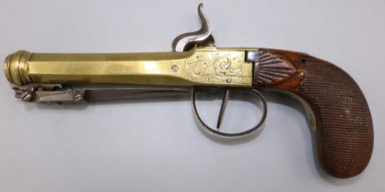 Belgian Percussion cap pocket pistol, brass action and cannon barrel with Liege proof mark,