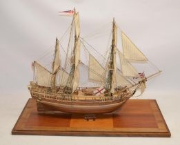 Large well built wooden plank on frame model of HMS Bounty (unpainted). Model length from tip of
