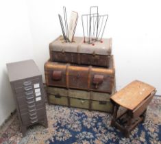 Three luggage trunks, small c20th oak drop leaf table, Star All Steel filing cabinet and 2 wrought