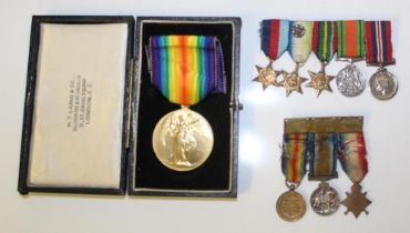 Victory Medal to 4238 Pte H. W. Sharp Seaforth, in medal box, set of three WWI miniatures, set of