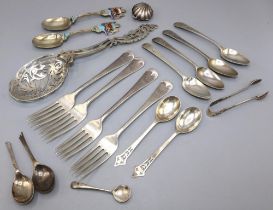 Assorted English hallmarked silver cutlery, including teaspoons, forks, etc., approx. 14ozt.