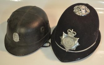 Vintage Scottish Police motorcycle helmet and a modern Police helmet with Dorset badge (no sizes)