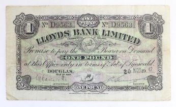 Isle of Man Lloyds Bank Limited £1 One Pound banknote, No. D9563 dated 20th November 1942