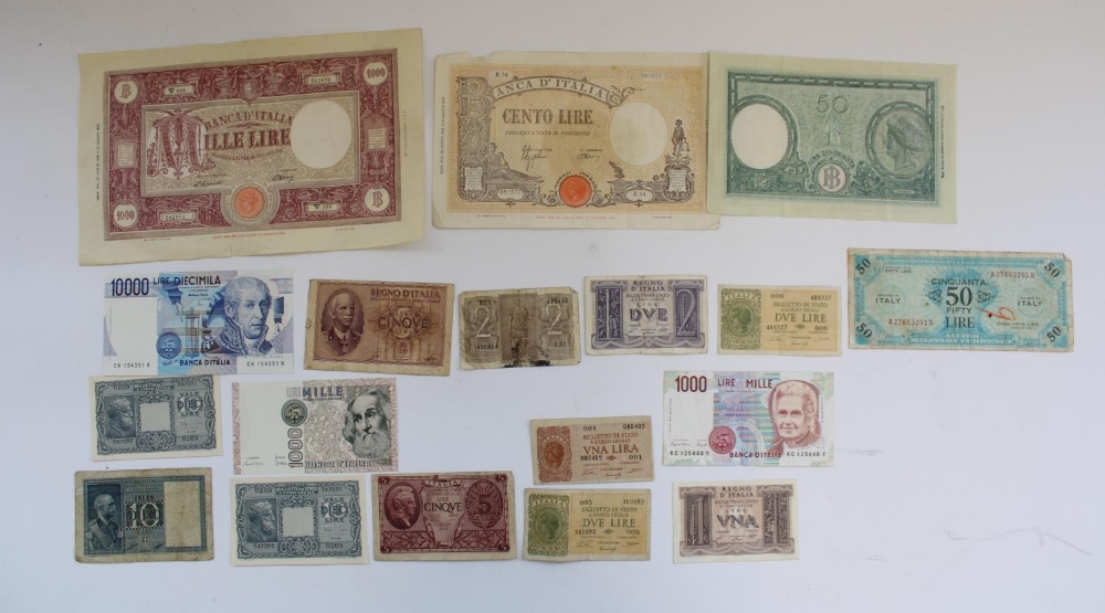 Collection of Italian banknotes incl. 1943 100 Cento Lire, 1943 1000 Mille Lire, 50 Cinquanta Lire