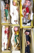 Six boxed Pelham Puppets including Wizard, Grandfather, Gypsy etc.