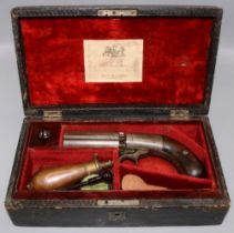 Cased English six shot percussion pepperbox revolver, 3' barrels with proof marks, in fitted leather
