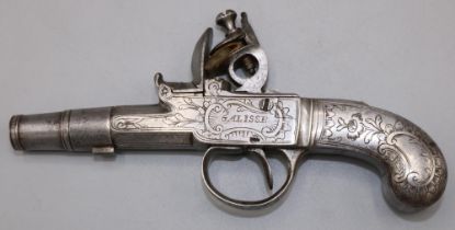 Alisse of London all steel flintlock pocket pistol, 1 1/2" turn off cannon barrel, the steel action,