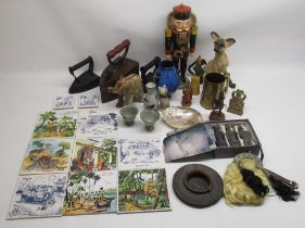 Mixed collectables inc. nutcracker, flat irons, 3 tourist Terracotta warrior figures, wall plaques