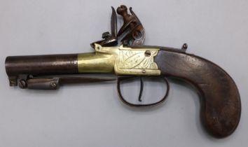 Hampton & Son flintlock pocket pistol with brass action and 2 1/2" barrel with various proof