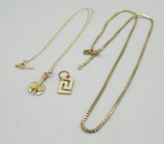 14ct yellow gold hammer pendant, stamped 585, on 14ct yellow gold chain, 1.5g, and a yellow metal