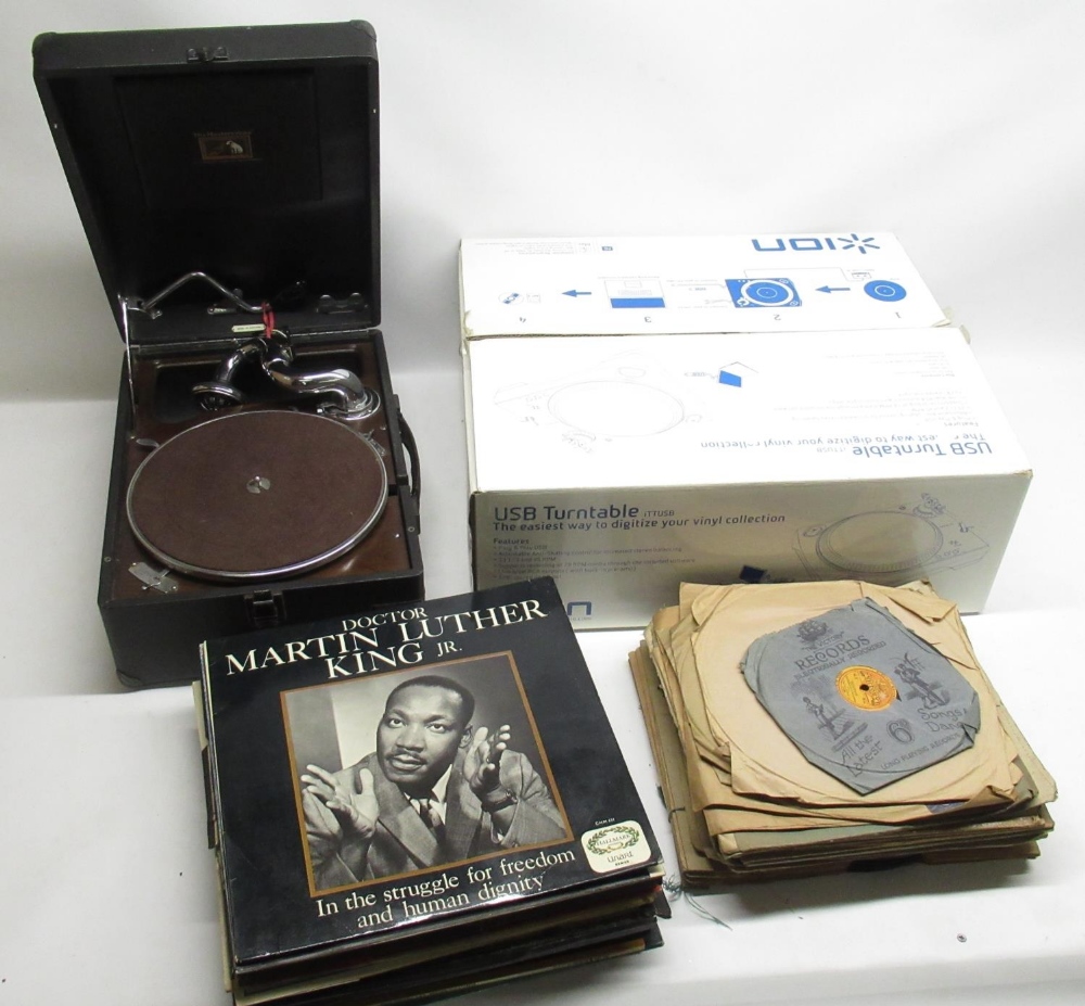 Portable HMV gramophone, boxed ION USB turntable and records mostly Classical