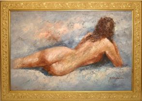 Late C20th nude study, oil on canvas, signed N Drewe, framed, 60x91cm