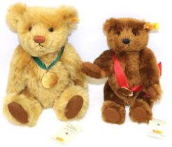 Steiff teddy bear: brown mohair 661303, with 'World's First Teddy Bear' medallion on red ribbon,
