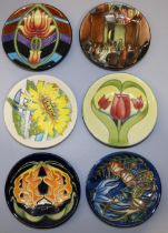 Moorcroft Pottery: six MCC Moorcroft Collectors' Club pin dishes/coasters - 'Glory Lily' signed by