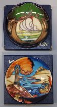 Moorcroft Pottery: two trial pin dishes/coasters - autumnal landscape in blue and orange, dated