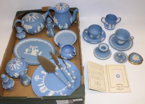 Collection of Wedgwood blue jasperware, incl. teapot, coffee pot, cruets, Bicentenary cameo card,