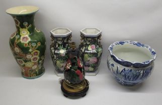 Moorcroft style lamp, large oriental vase H52cm, pair of C20th Japanese vases and a large bowl