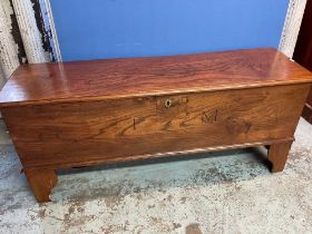 C19th elm planked coffer hinged top with two interior drawers and a concealed drawer, on bracket