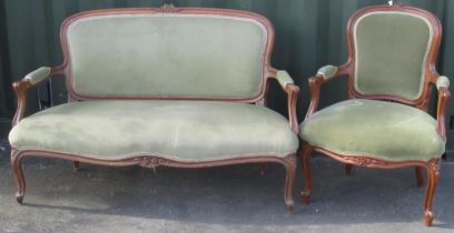 French walnut framed couch, moulded frame with open arms and cabriole legs, and a similar arm chair,