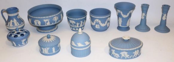 Collection of Wedgwood blue jasperware, incl. pedestal bowl H13cm, pair of candlesticks, jug, two