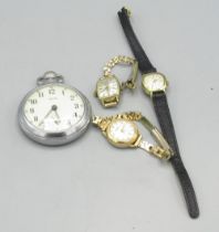 Smiths chrome plated pin pallet pocket watch D51mm, three ladies gold plated wristwatches Avia,