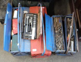Large collection of tools in three cantilever metal boxes and four others, spanners, drill bits