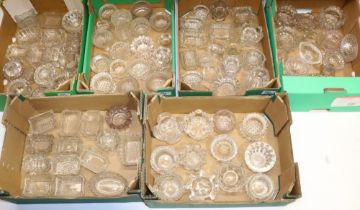 Collection of C19th and later clear glass salts, to include cut and pressed examples (approx. 90)