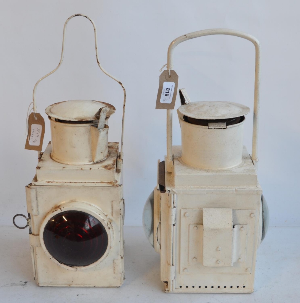 Two Large white painted railway lamps (no internal burners) to include a BR(M) stamped tail lamp - Image 2 of 9