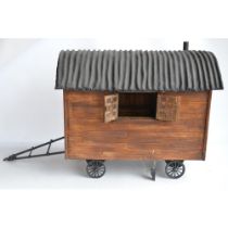 Large homemade wooden shepherds hut model with removeable roof to reveal detailed interior complet