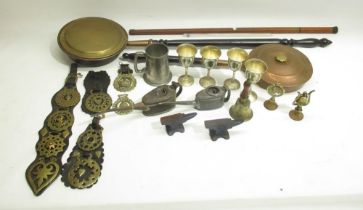 Two copper and brass warming pans, collection of horse brasses, Kayes oiler and other oiler, mixed