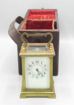 French C20th brass 8 day carriage clock timepiece, cream enamel Arabic dial with floral
