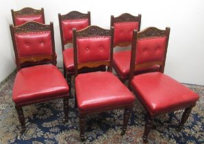 Set of six Victorian mahogany dining chairs with carved cresting and nailed red upholstered backs