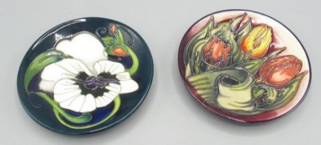 Moorcroft Pottery: two trial pin dishes/coasters - tulip design by Emma Bossons, initialled EPB; and