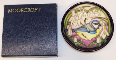 Moorcroft Pottery: 'Blue Tit's Bounty' pin dish, bird and flower design on purple ground, designed