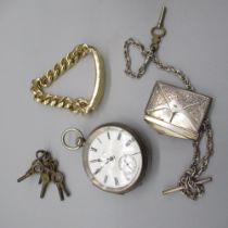 Hallmarked Sterling silver pocket watch by R.G. Scott, Porth, a silver stamp holder on white metal