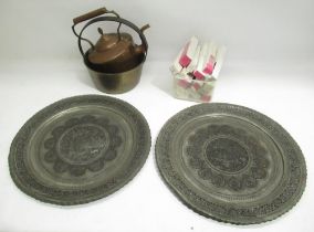 Ellams cased flat bed duplicator, two mid C20th Indo-Persian pewter chargers D49cm, brass jam pan,