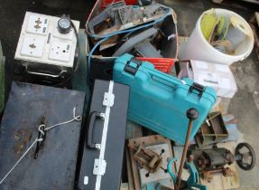 Collection of tools, professional electric drill, Chop saw, planer, Microphax 'Case4', reels of wire