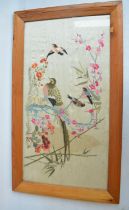 Framed vintage silk embroidered picture of birds with background, 95cm x 54cm