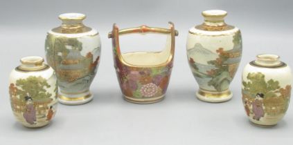 Four Japanese Satsuma ware miniature vases and a Japanese miniature water bucket (5)